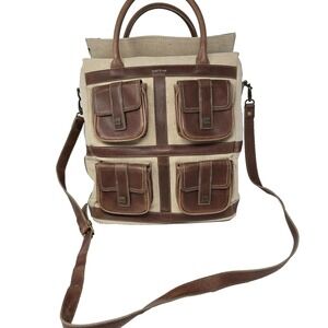 Matt & Nat Bag Brown Canvas Vegan Leather W/ Shoulder Strap & Middle Divider